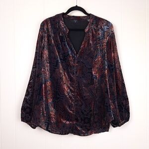 T Tahari velvet burnout button up long sleeve top blouse office fall plus size